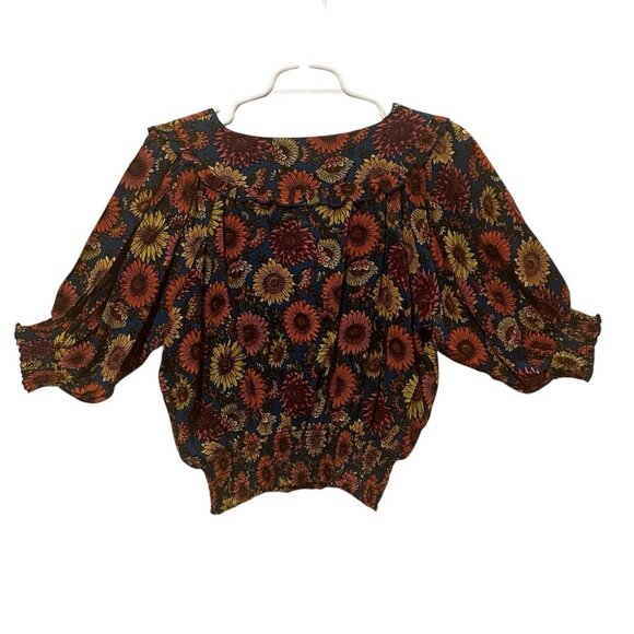Natural Life Crop Top Smocked Floral Short Sleeve Size Médium Ruffle Shirt Boho - Picture 2 of 8